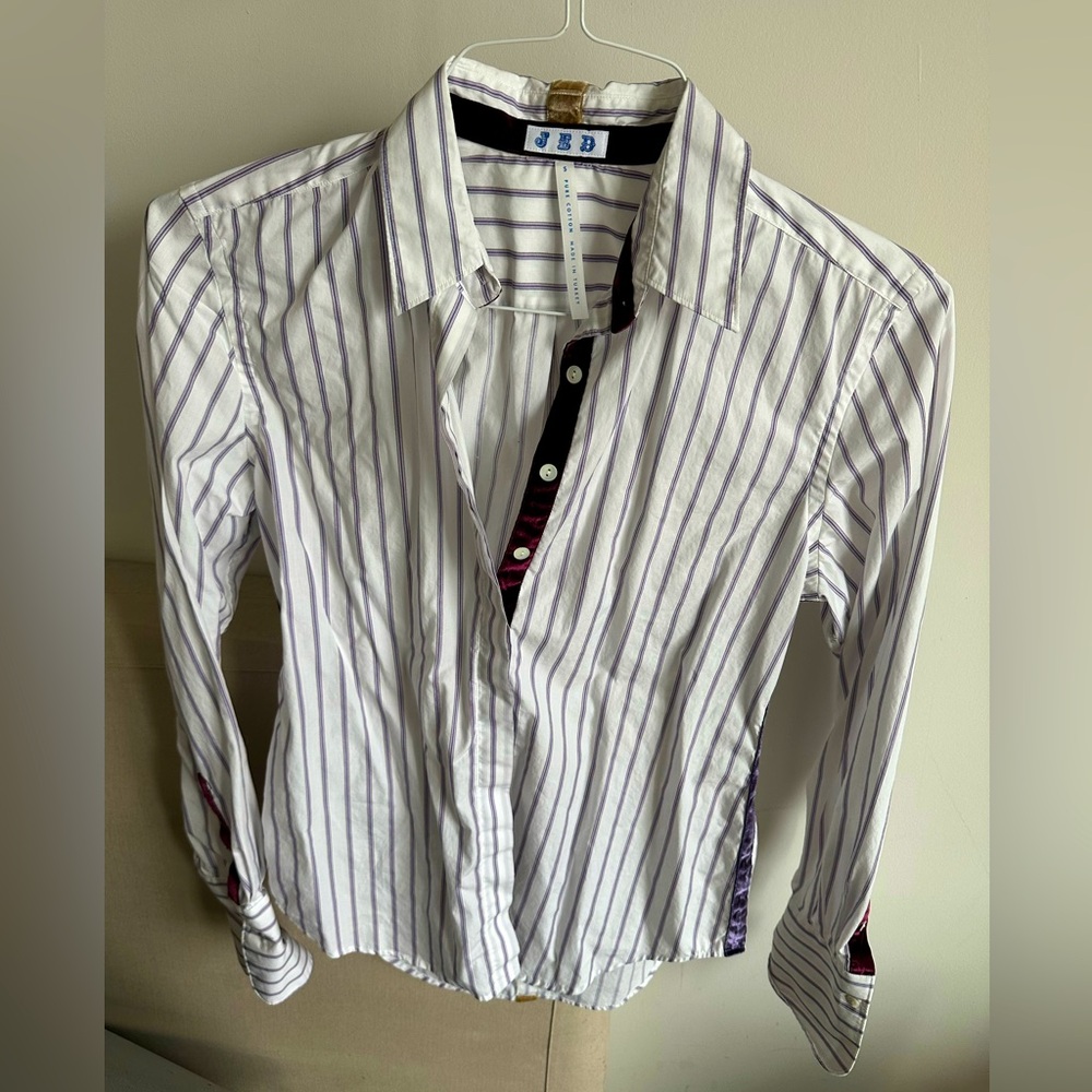 JED Cotton Long Sleeve Button Down Shirt, white with purple stripes, US S